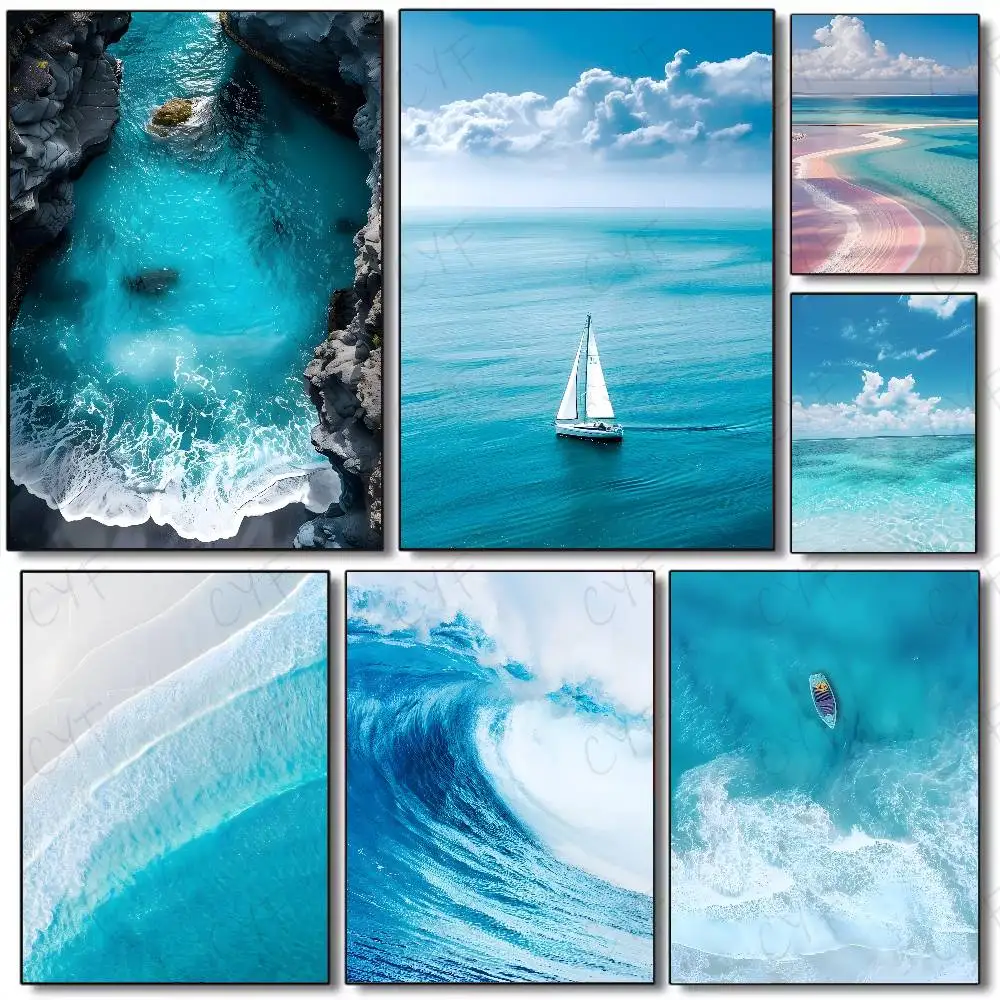 Resin Art Ocean - Strand-Meerwellen-Poster Wandkunstdruck Wasserdicht Wohnzimmer Schlafzimmer Bar