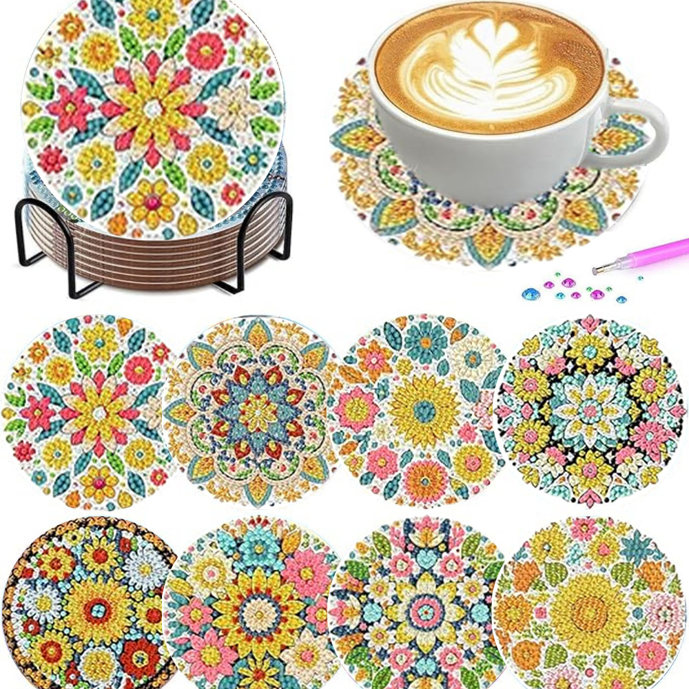 Resin Art Coasters - 8-teiliges Set/Diamant-Mal-Untersetzer-Set, Untersetzer mit Blumenkranz-Muster (mit