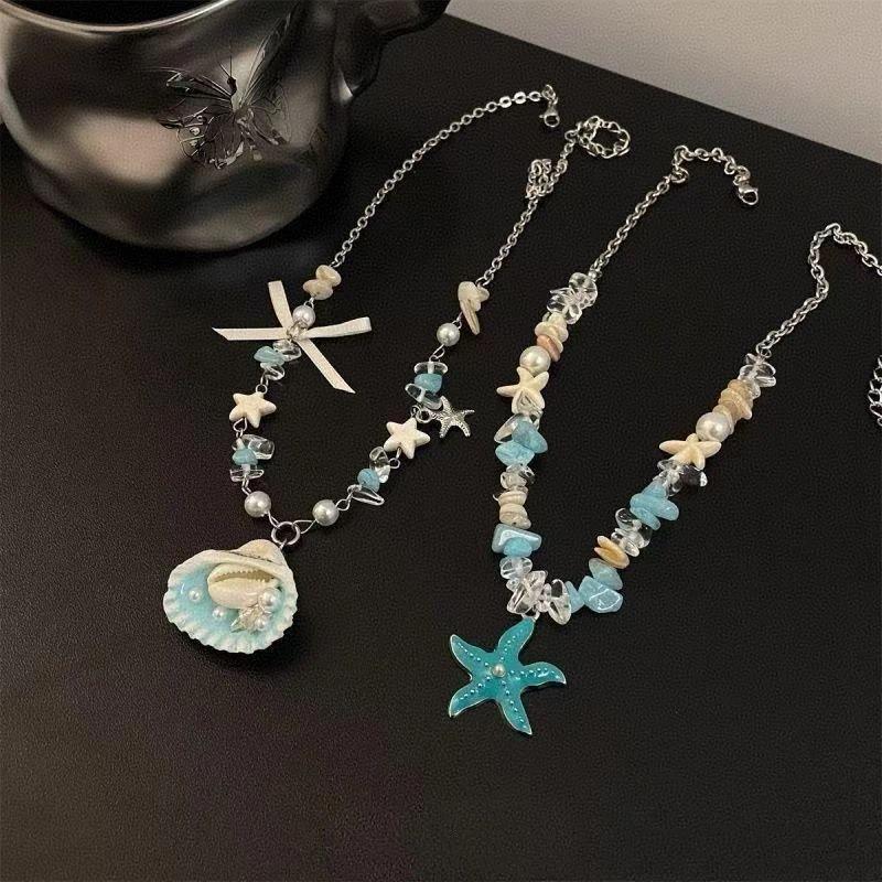 Resin Art Beach Theme - Boho Ozean-Thema Halskette Seestern Muschel Kunstperlen-Anhänger