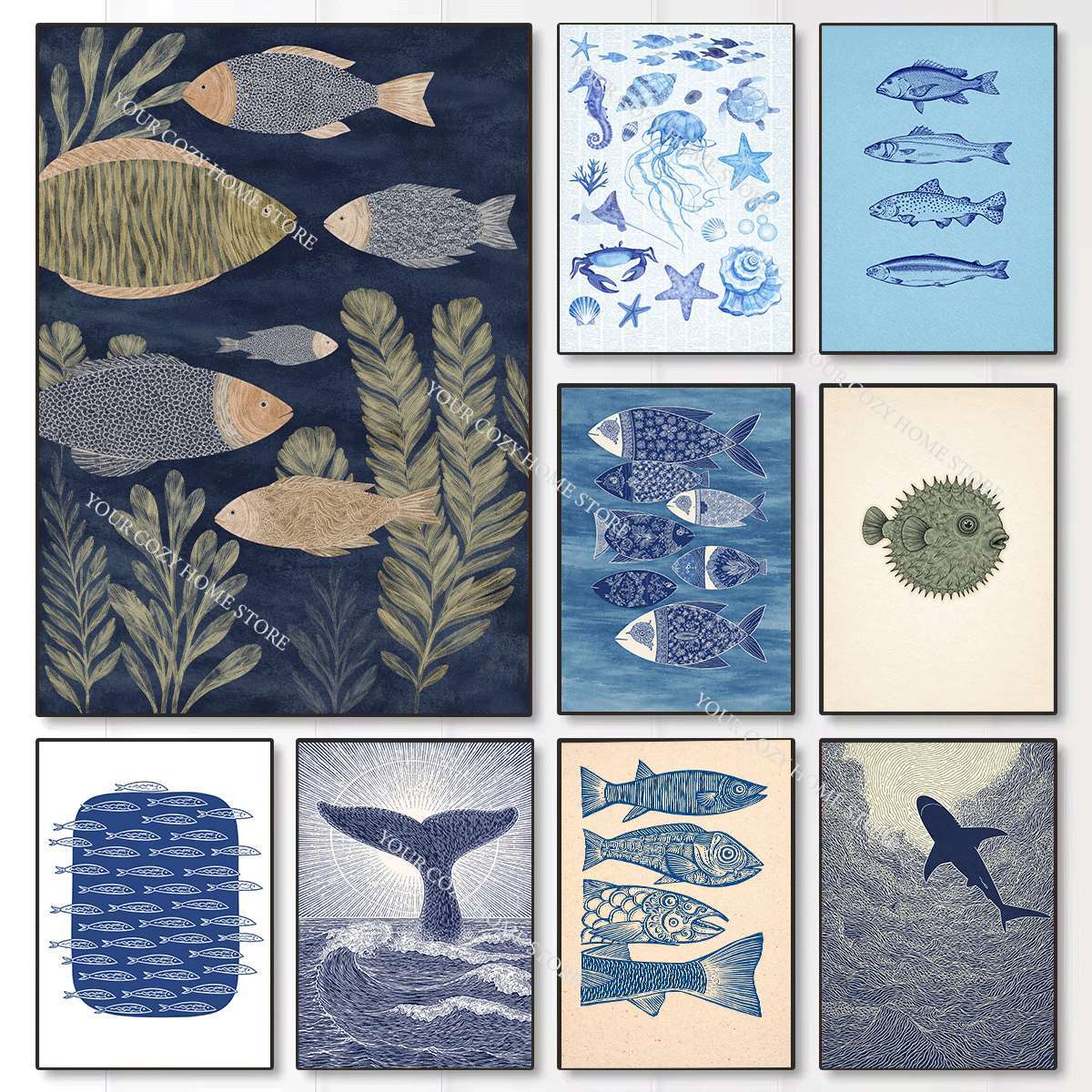 Resin Art Beach Theme - Minimalistisches nautisches Kunstposter mit Fischen und